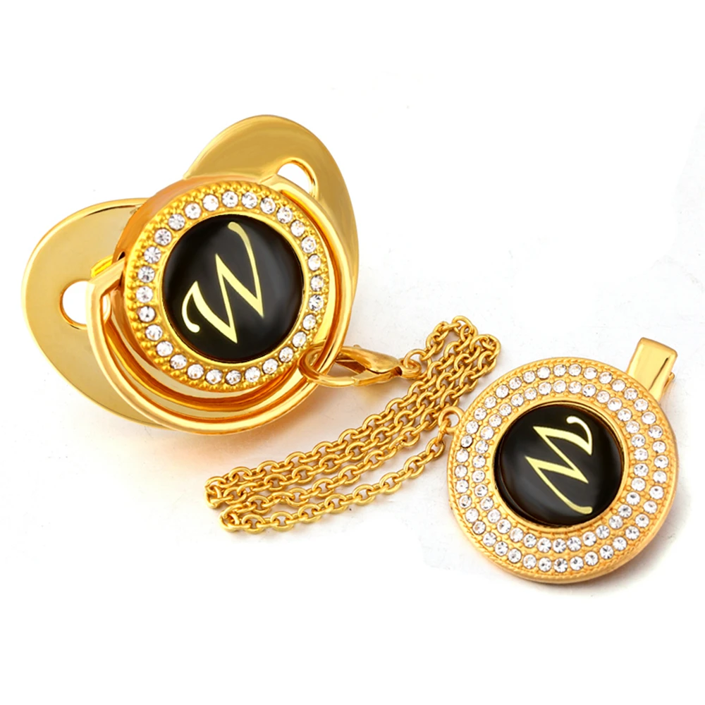 

Gold Black Name Initials Letter W Bling Pacifier and Pacifier Clips Luxury Pacifier BPA Free