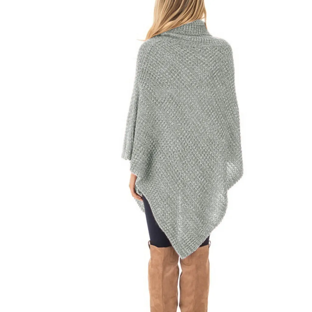 Женское Вязаное пончо с воротником-стойкой и пуговицами, пуловер с асимметричным подолом, свитера, женская зимняя одежда