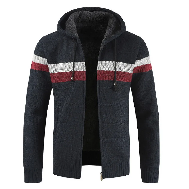 

PUIMENTIUA Men's Sweater Hooded Fleece Jacket Autumn Winter Casual Patchwork Sweatercoat Thick Warm Knitted Cardigan Zipper Coat