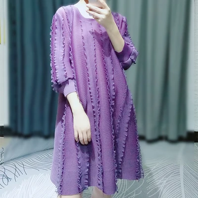 Горячая Miyake модное складное Новое Стильное прямое платье доступно с круглым вырезом из трех четвертей - Color: Lavender