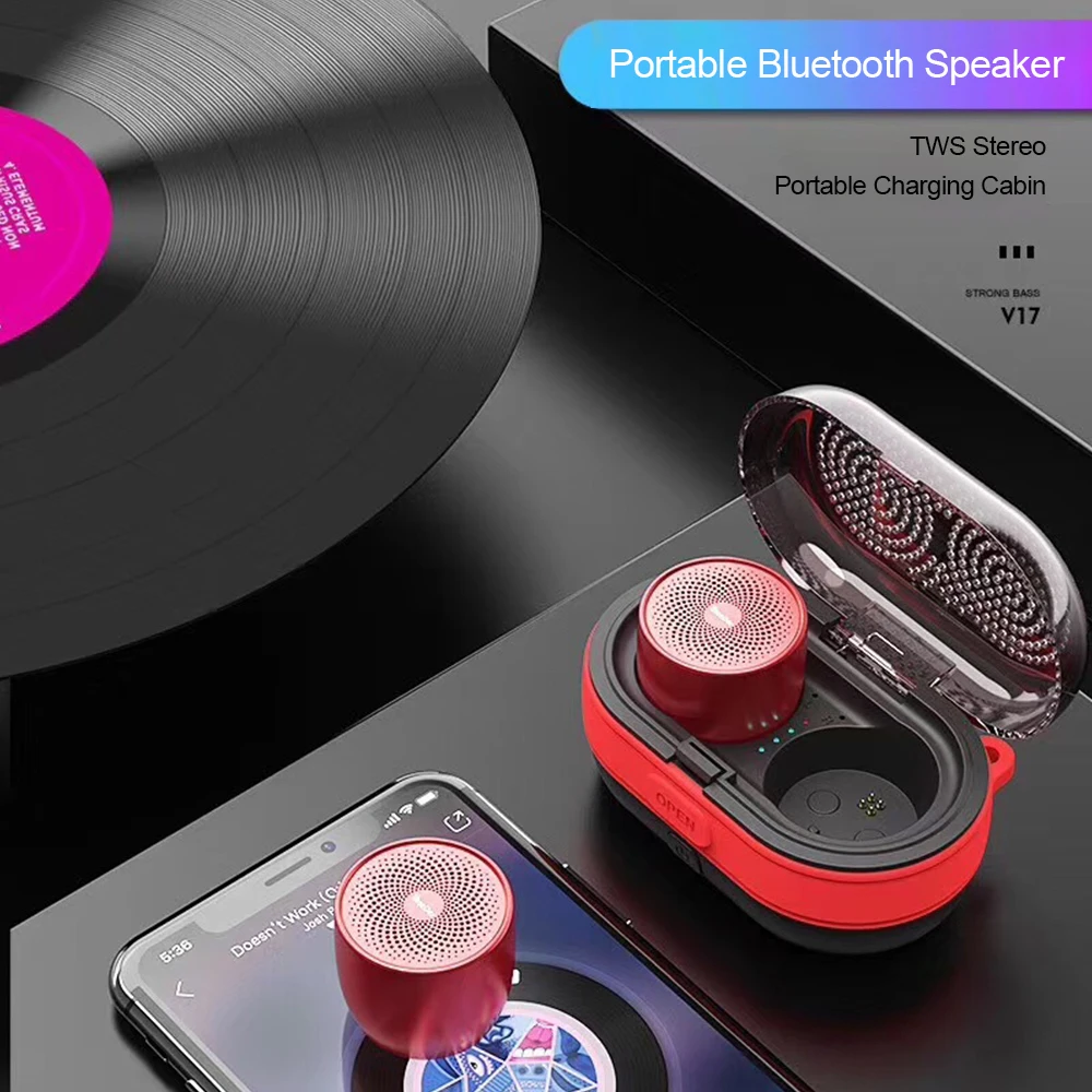V17 TWS беспроводной динамик открытый мини Bluetooth 5,0 динамик тяжелый бас портативный стерео-динамик с зарядным устройством металлическая пряжка