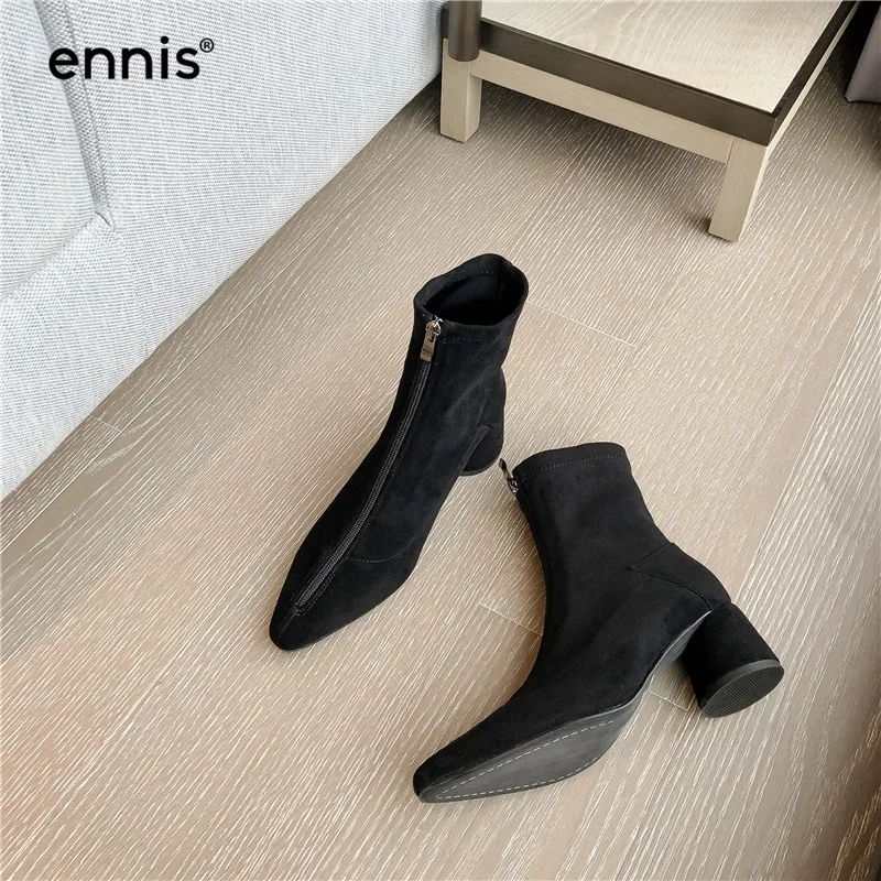 ENNIS/ г., дизайнерские эластичные сапоги на молнии, передний багажник женское из микрофибры ботильоны с острым носком на не сужающемся книзу массивном каблуке Осенняя обувь новинка, A9155