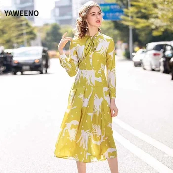

2020 New Early Spring Runway Fashion Women's High-End Printing Sweet Bowknot Collect Waist Pleated Elegance Dress