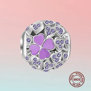 

925 Sterling Silver Four Leaf Clover Round Beads Shiny Purple Heart Original Design Charm DIY Bracelet Necklace Pendant Jewelry
