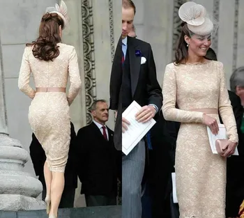 

Kate Middleton Long Sleeves Evening Dresses 2020 Champagne Knee Length Celebrity Holiday Wear Formal Party Prom Gowns Plus Size