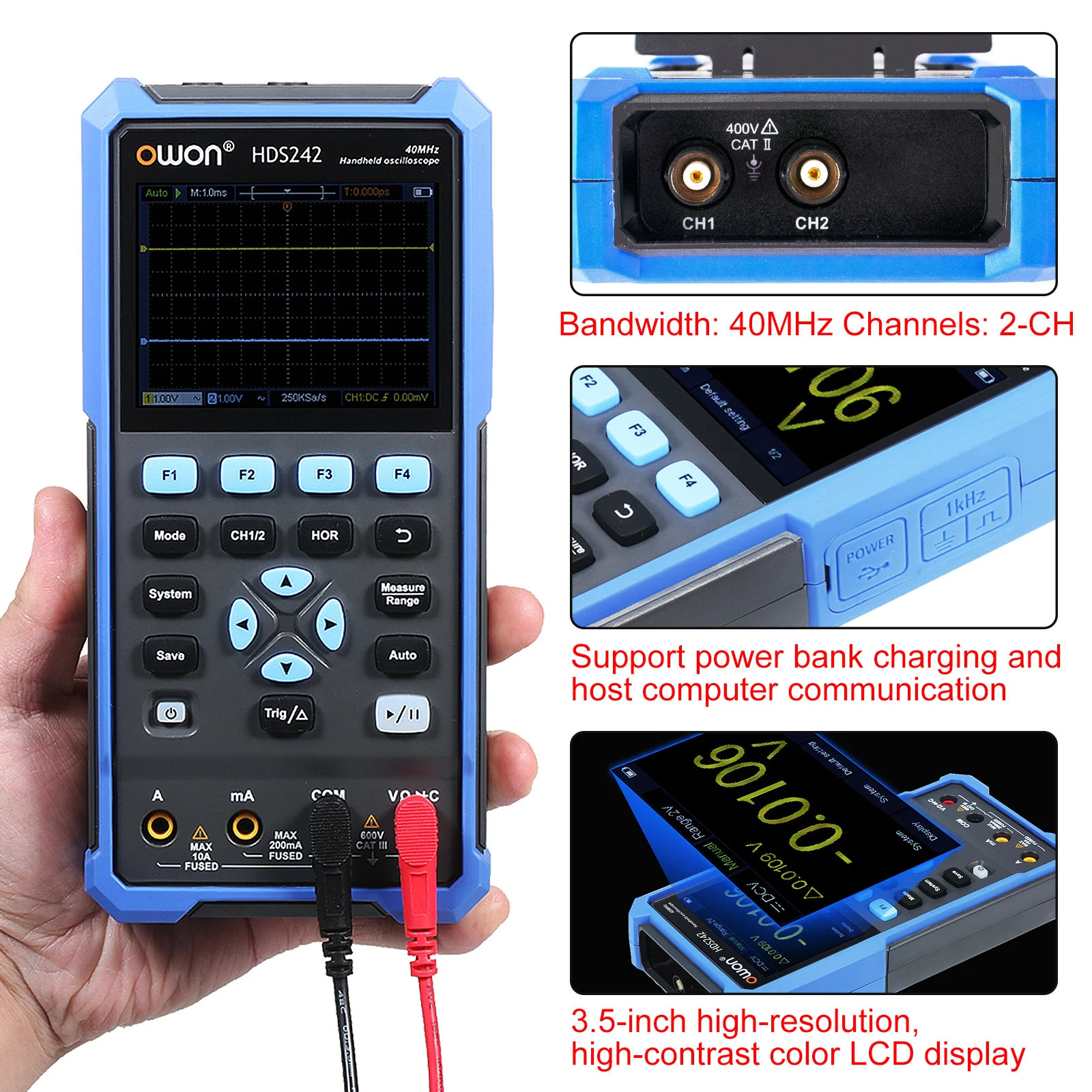 OWON HDS242 /HDS272/ HDS242S / HDS272S Handheld Digital Oscilloscope 2 Channels 70MHz Bandwidth Digital True-RMS Multimeter