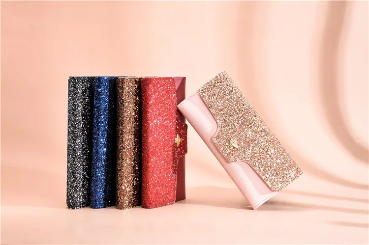 Long Wallet Wristband Women Purses Sequins Zipper Coin Purse Card Holder Wallets Female High Quality Clutch Money Bag PU Leather