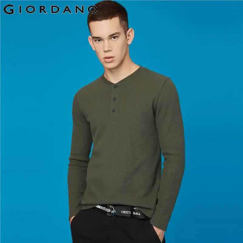 Giordano Мужская футболка с воротником «вафельница», футболка с длинными рукавами, облегающие топы для мужчин, Camisetas Hombre Manga Larga 01029795