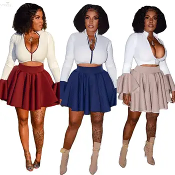 

New Tracksuit Women Set V- Neck Long Sleeve Crop Tops+pleated Skirt Suit Two Piece Skirt Set Night Party Club Outfits Skirt Set
