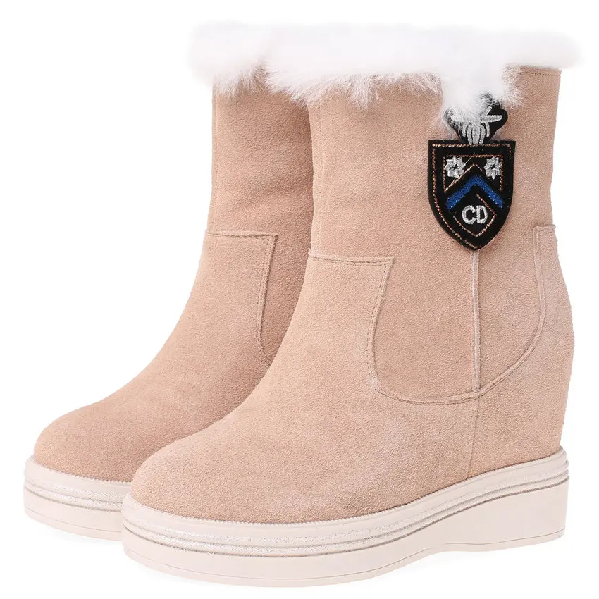 Punk Goth Trainers Women Cow Leather Wedges High Heel Snow Boots Rabbit Fur Platform Pumps High Top Winter Warm Fashion Sneakers - Цвет: beige1