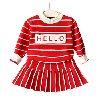 

Spring Autumn baby sweater+ knitted skirt girls 2 pcs set kids suit for children fashion clothes letter striped 2 to 7 yrs
