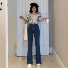 Женские синие расклешенные джинсовые штаны, обтягивающие винтажные Стрейчевые джинсы с карманами, Осенние широкие джинсы с высокой талией