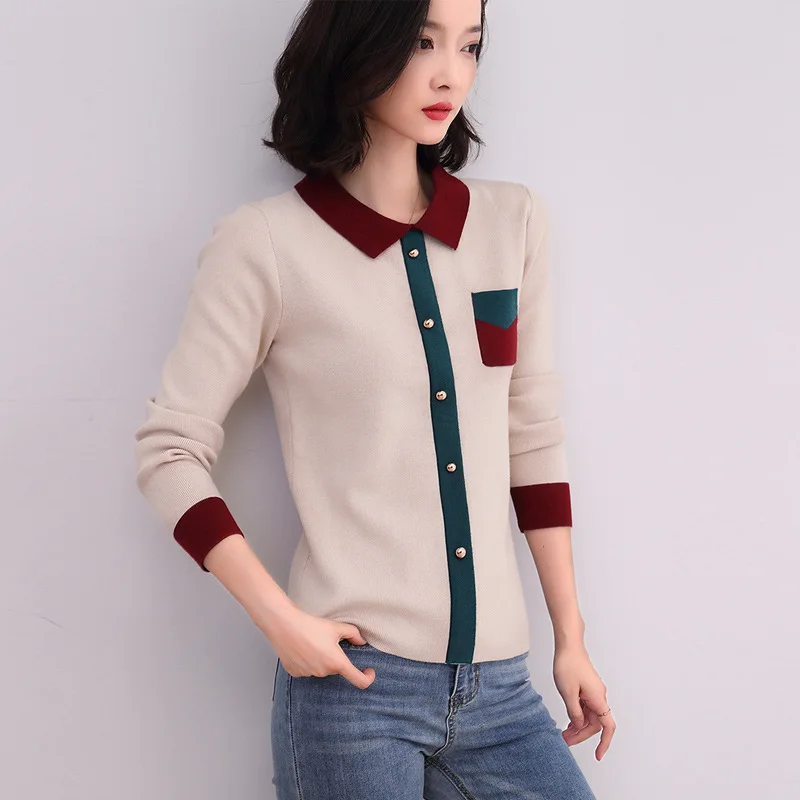 Suéter de punto para mujer, Jersey de punto con cuello vuelto y contraste de Color, Tops de punto para mujer 2019