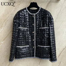 UCXQ donna stile Casual 2022 autunno moda paillettes Patchwork monopetto giacche tasche collo tondo manica lunga 23XF776