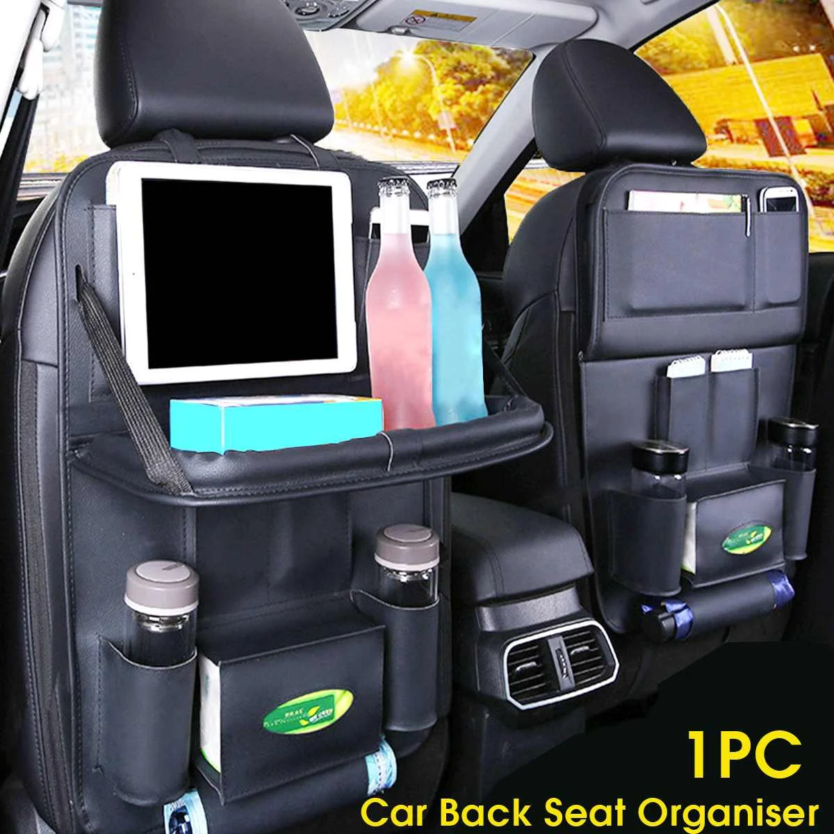 

PU Leather Car Seat Back Multi Pocket Storage Hanging Bag Organizer Foldable Dining Table Desk Tray Tissue Box Water Bottle
