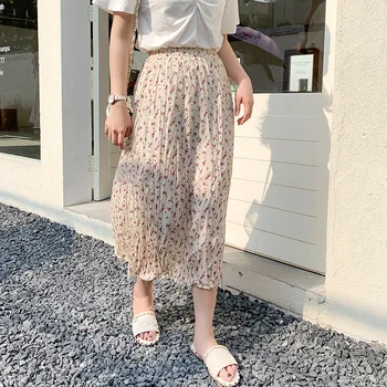 

Summer Chiffon Skirt XL To 4XL Plus Size High Waist Skirts Women Robes Floral Print Pleated Skirt Casual Long Skirt TA9659