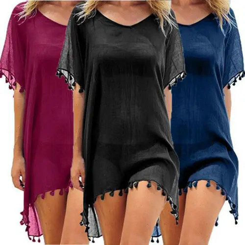 Vintage Women Beach Dress Solid Mesh Cover-Ups Beachwear Ladies Tassel Swimwear Short Sleeve Bathing Chiffon Cover Up swimsuit cover up swimsuit coverup fishnet cover up women dresses