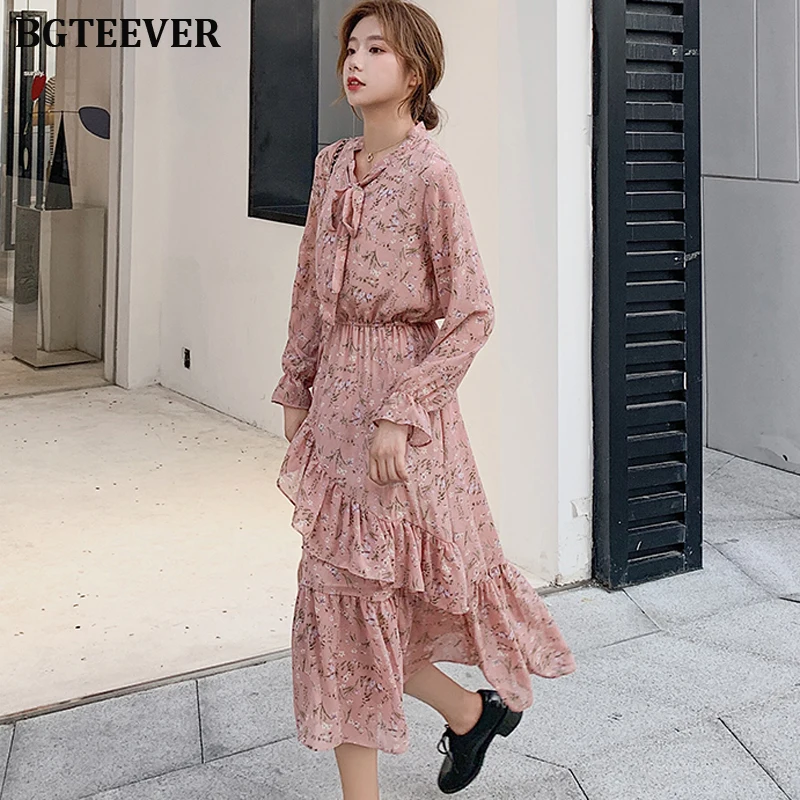 Baratos BGTEEVER Vestido de gasa con estampado Floral para mujer Vestido de encaje con cuello Irregular con volantes para mujer Vestido largo Vintage manga acampanada Vestido de línea a