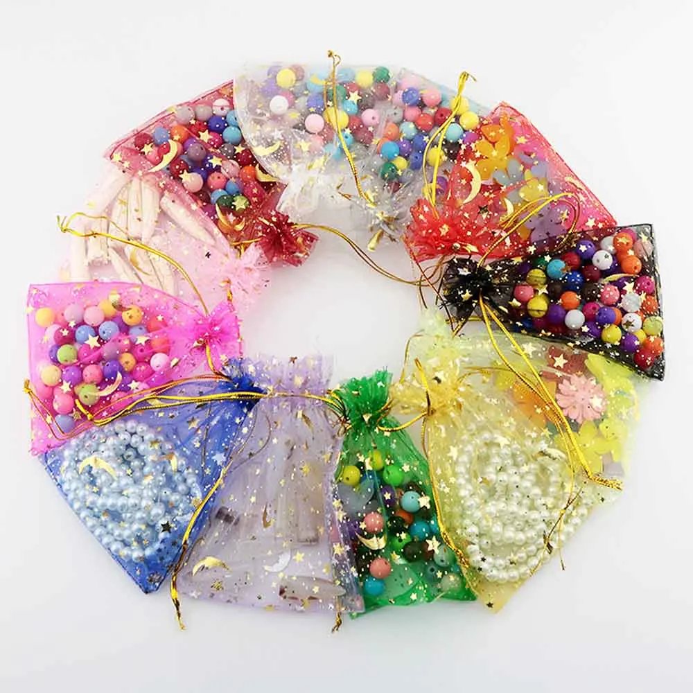 

100Pcs Organza Bags Wedding Transparent Drawstring Jewelry Drawstring Party Mess Pouches Gift Bags Moon Star Bags Hot Sale