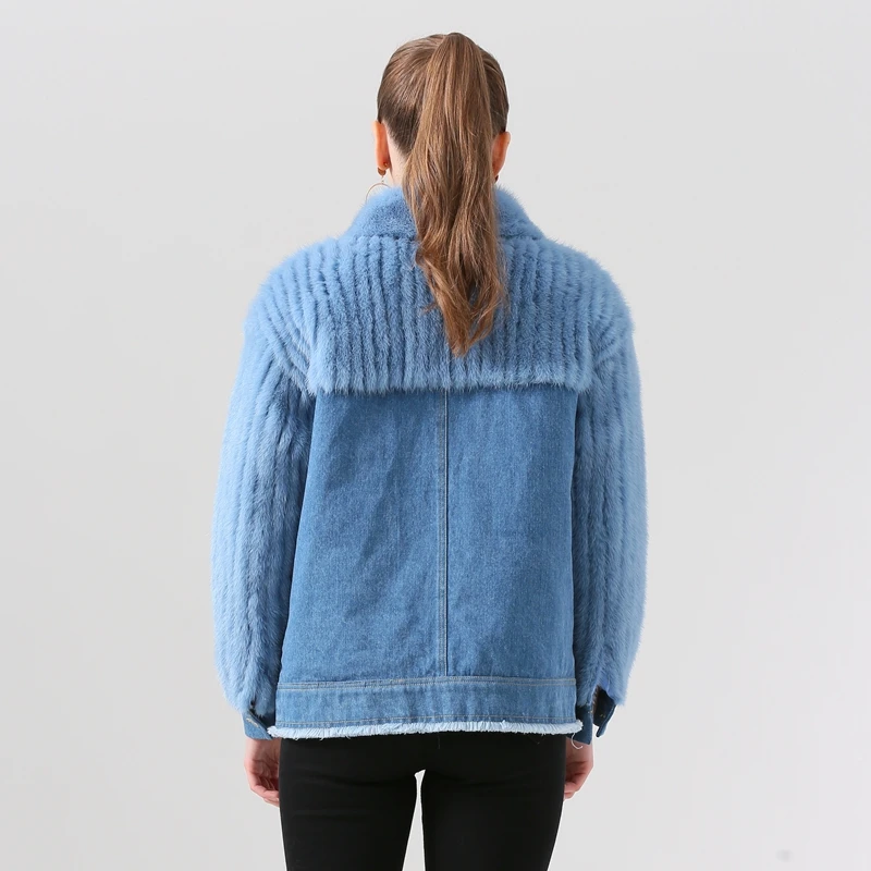 QIUCHEN PJ19040 New arrival real mink fur coat denim jacket women winter coat fashion model