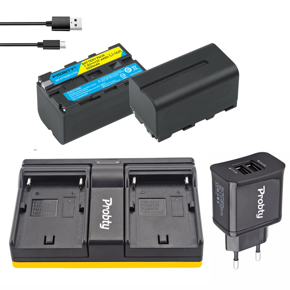 

2Pcs PROBTY NP-F770 NP-F750 NPF770 F750 NP F770 750 battery + Dual Charger + 2-Port Plug For Sony CCD-SC5 CCD-SC100 CCD-TR910
