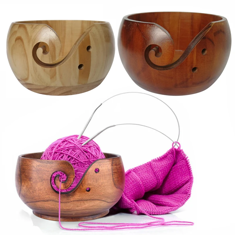 Wood Yarn Bowl Knitting Crochet Thread Tool Storage Organizer with Swirl Cutout