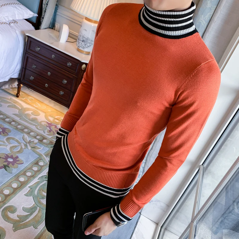 

Fashion Korean Sweater Men Autumn Winter Turtleneck Knitted Mens Casual Sweaters Streetwear Slim Fit Striped Collar Pullovers