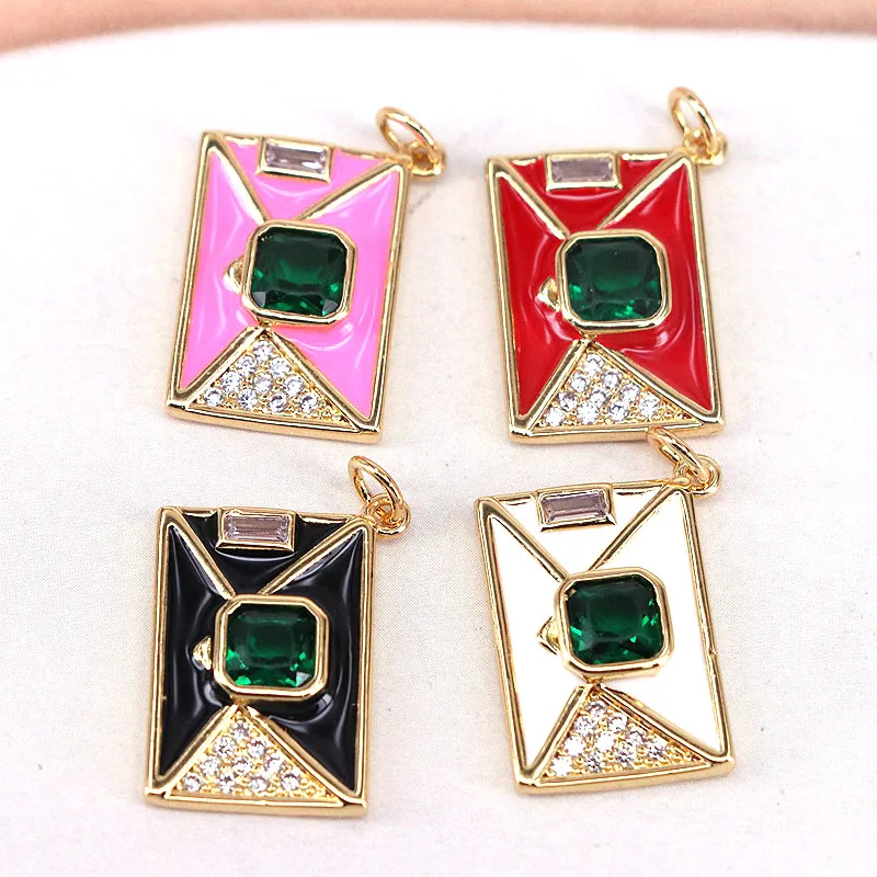 10Pcs Enamel Colorful Cute Rectangle Shape Pendant, Gold Filled CZ Micro Pave Charm , DIY Neckalce Bracelet Charm Pendants