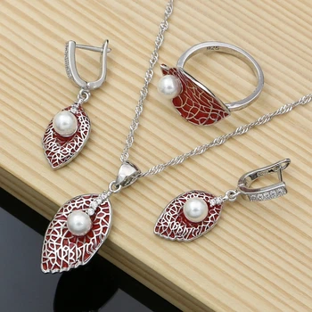 

925 Sterling Silver Freshwater Pearl Jewelry Sets Red Enamel Decoration Women Fine Jewelry Handmade Jewellry Dropshipping
