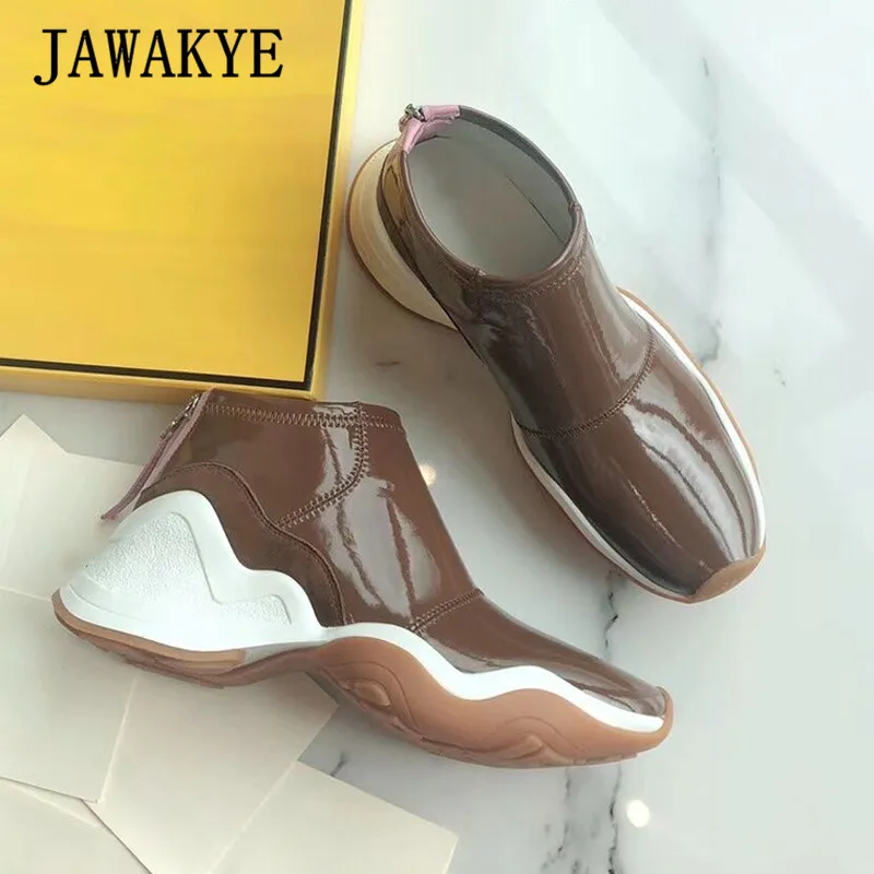 JAWAKYE/черные, белые, красные высокие кроссовки из лакированной кожи; женские кроссовки на плоской платформе для подиума; женская обувь