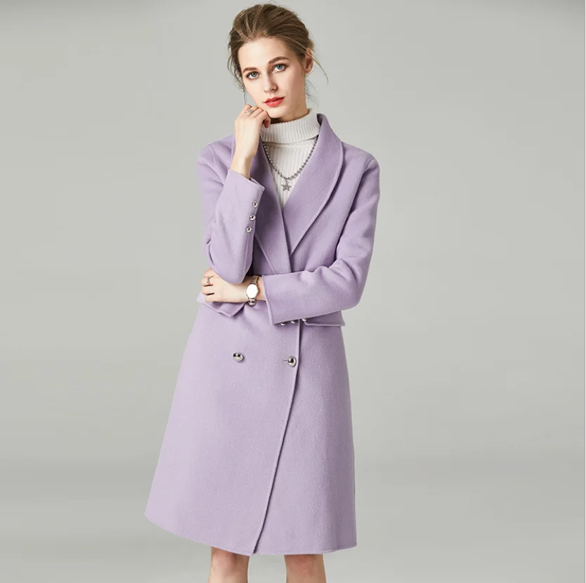 Женское Новое Стильное длинное тонкое шерстяное пальто, женское двухстороннее высококачественное кашемировое пальто ручной работы в европейском и американском стиле