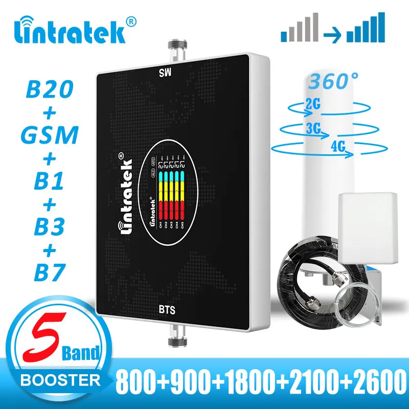 

lintratek 800 900 1800 2100 2600 LTE 2G 3G 4G Signal Booster GSM Mobile phone Cellular Amplifier Repeater B20 B7 70dB Boost B3