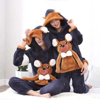 

Matching Couples Winter Hooded Pajamas Warm Casual Cartoon Sleepwear Set Women Sweet Homewear Long Sleeve Coat Pant Big Size