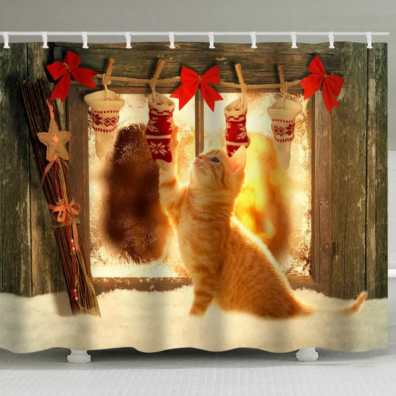 3D Printing Cat Playing With Snow Christmas Stockings Bathroom Shower Curtain Christmas Gift Decor Multi-size Shower Curtain