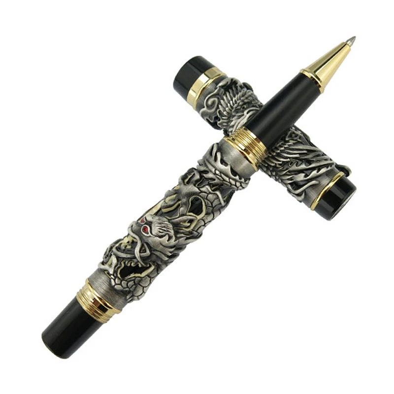 Jinhao Elegant Dragon Phoenix Rollerball Pen, Metal Carving Embossing Heavy Pen, Noble Gray & Black For Business Gift Pen