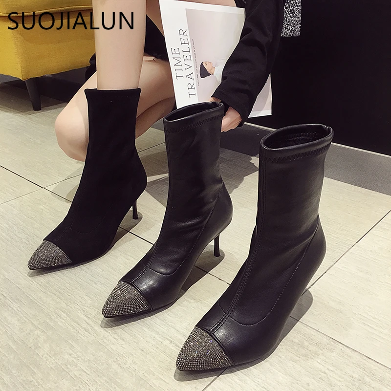 

SUOJIALUN Women Sock Boots Pointed Toe Elastic Slip On Heel Ankle Ladies Sexy High Heel Ankle Pumps Bling Crystal Chelsea Boot