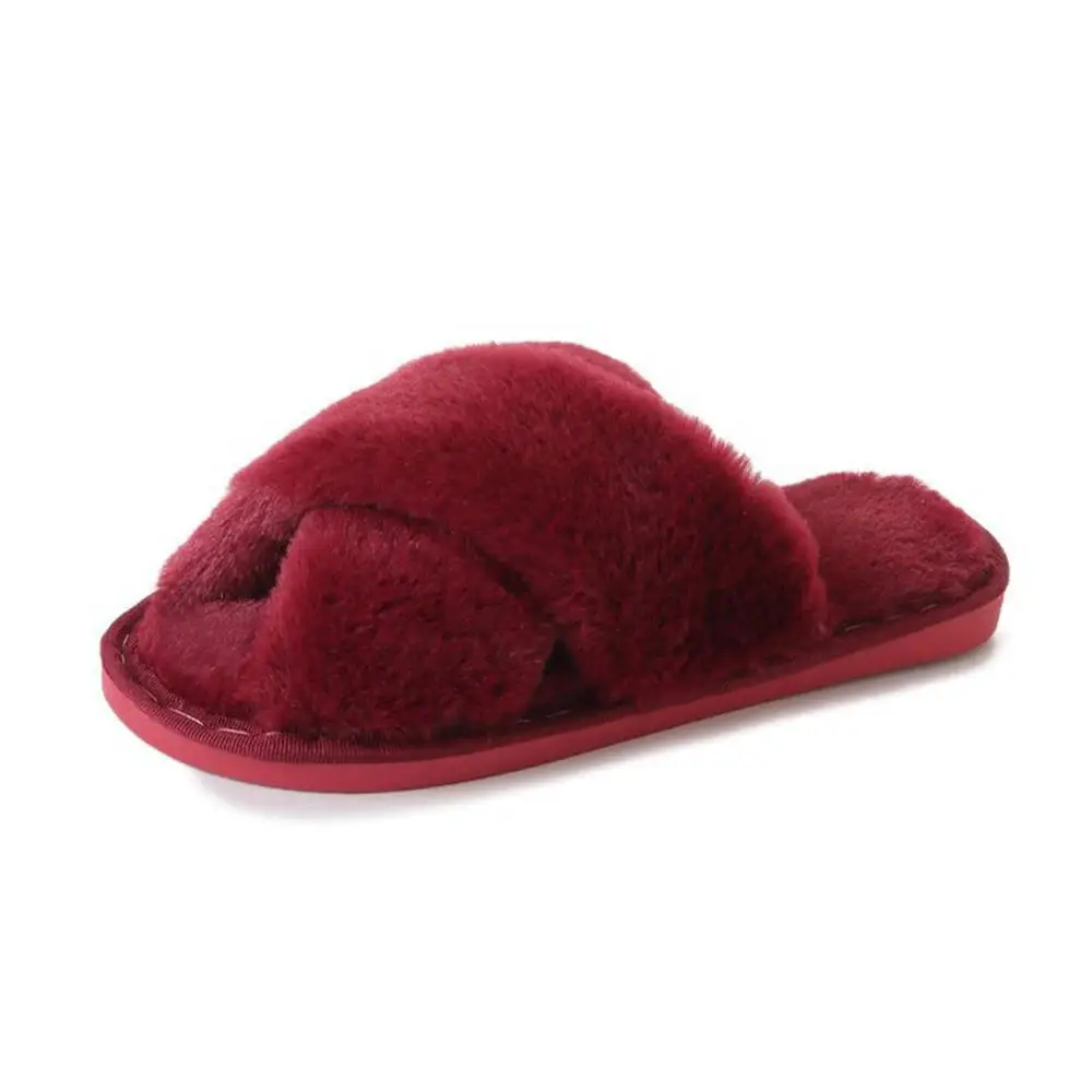 purplish red Женские пушистые зимние сандалии; Плюшевые сандалии с открытым носком; мягкая обувь на плоской подошве; теплые тапочки с искусственным мехом; домашняя женская обувь; WJ004 - Цвет: purplish red
