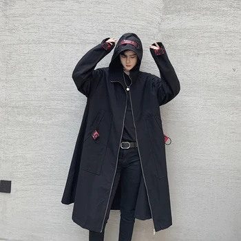 

Men Loose Hooded Trench Coat Long Jacket Overcoat Male Streetwear Hip Hop Gothic Ribbon Windbreaker Cloak Outerwear