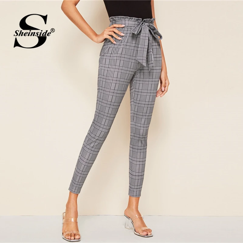 

Sheinside Grey Paperbag Waist Plaid Belted Pants Women 2019 Autumn Elastic Waist Crop Trousers Office Ladies Workwear Pants