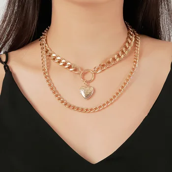 

Modyle Punk Metal Heart Choker Necklace For Women Big Thick Chain Round Hollow Multilayer Pendant Long Necklaces Jewelry 2019