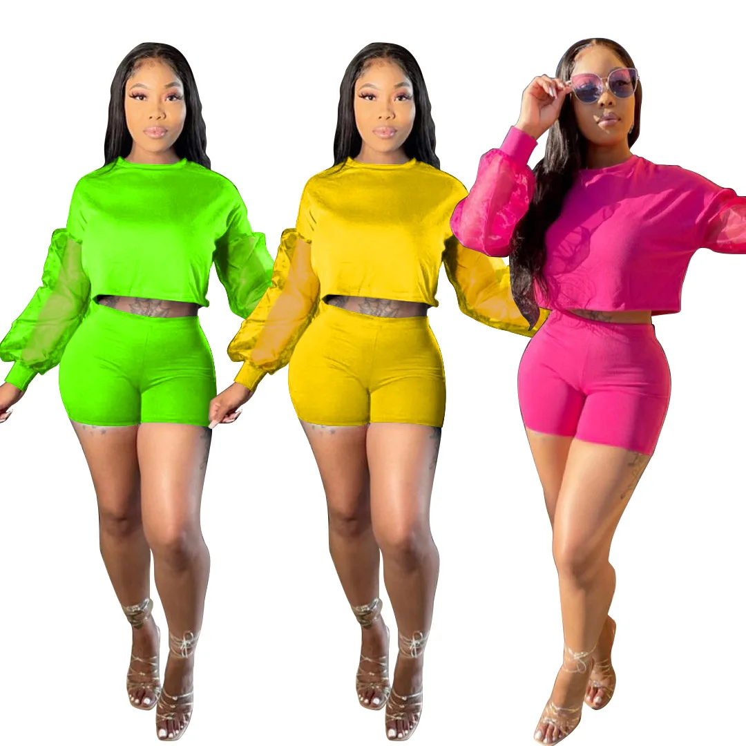 2021 Casaul Tracksuit Women Patchwork O-neck Shirt + Pants Sheer Mesh Sportsuit Summer Clothes For Outfit |