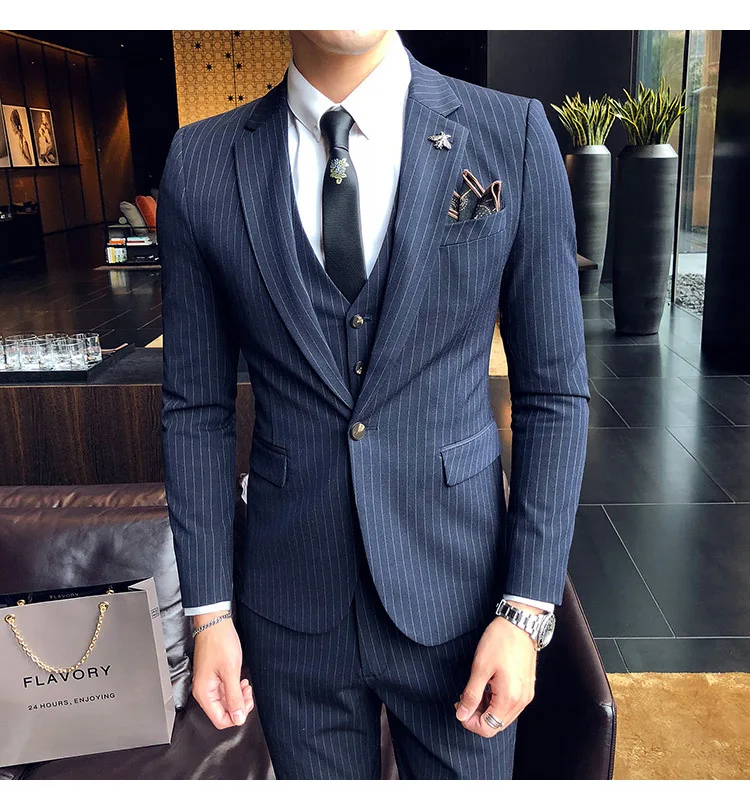 New Men's British Style Gentleman Suit Three-piece Groom With The Scorpion Host Stripe Korean Version Of The Suit