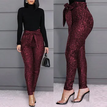 

Glitter Sequins Belted Skinny Pants Women Bow Tied High Waist Pockets Design Pencil Pants Party Clubwear