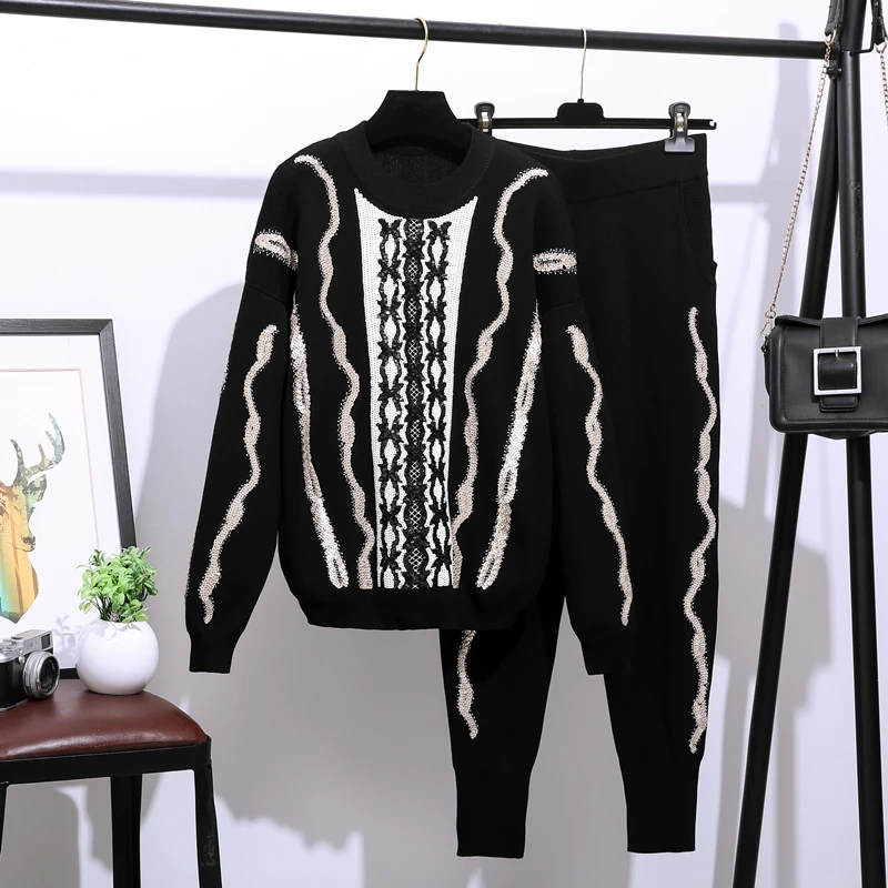 

Fashion Knitting Outfits Women Handwork Wave Pattern Sequins Sweater Pencil Pants Two Piece Set Loose Casual Knitted Suit Female
