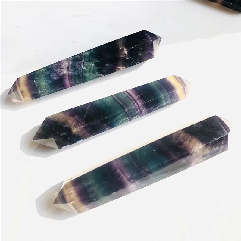 

Natural Fluorite Crystal Colorful Striped Fluorite Quartz Mineral Stone Point Hexagonal Double tip Wand Treatment Healing Stone