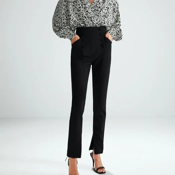 

2019 ZA Autumn New Women's Pants Line Sense Slim Pencil Pants Black Elastic Waist Double-breasted Modified High Waist Trousers
