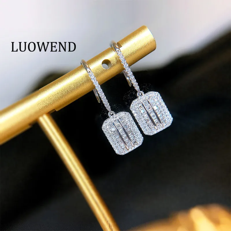 LUOWEND Solid 18K White Gold Drop Earring Real Natural Diamond Necklace Proposal Wedding Anniversary Jewelry Set Customize