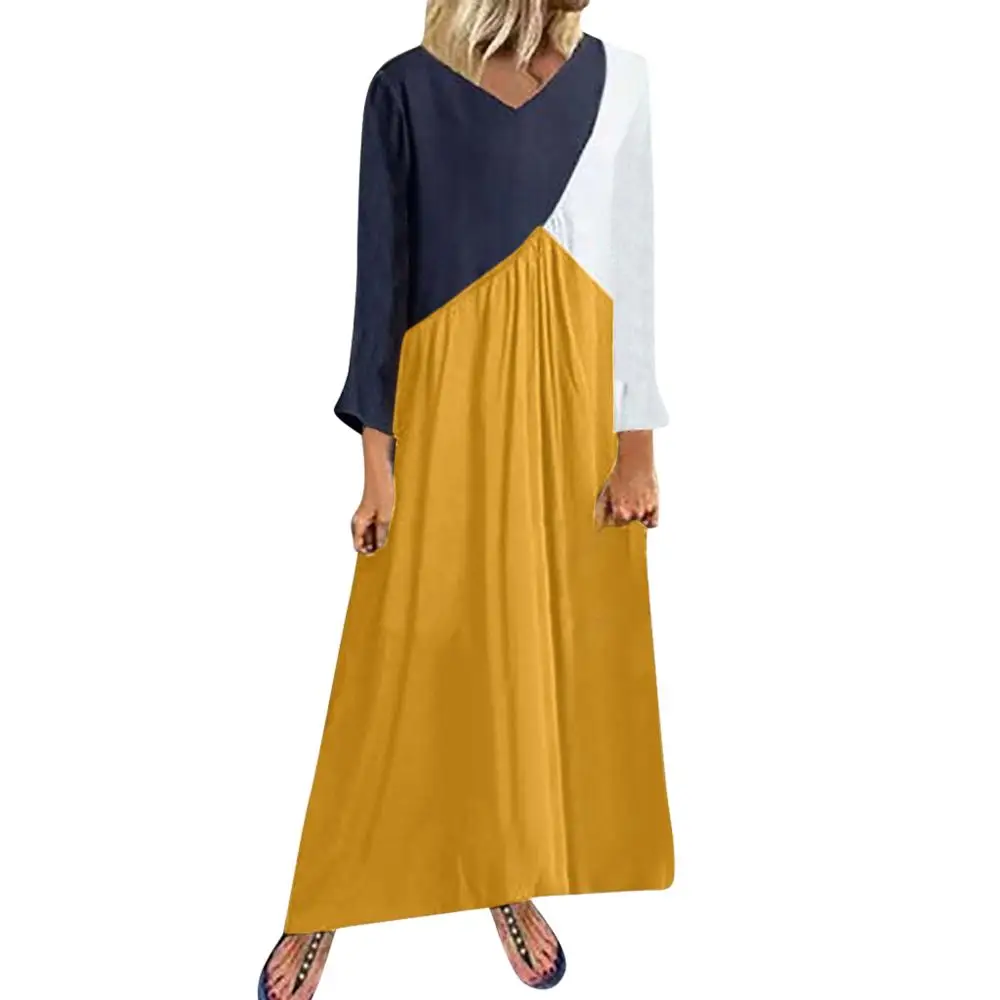 Yellow Long Sleeve Feitong, женское длинное платье, повседневное, из кусков, свободное, для девушек, с коротким рукавом, вечерние, Boho платья, летнее, макси платье, Vestidos Verano - Цвет: Yellow Long Sleeve