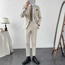 Leve estilo cozido estilo coreano terno na moda terno masculino borda de bambu um botão terno coreano estilo casual terno de duas peças terno