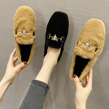 

Crystal Fox Pattern Winter Flat Loafers Women Metal Pointed Toe Glitter Fur Moccasins Brand Design Ballet Flats Ladies Shoes